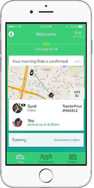 A screenshot of a customer&#039;s trip overview using the Scoop carpooling app.