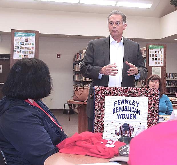 Danny Tarkanian, a U.S. Senate candidate running against Dean Heller, discusses his viewpoints to the Fernley Republican Women.