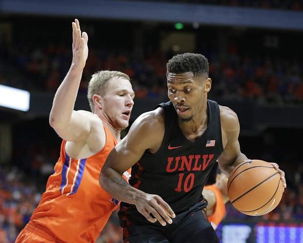 UNLV&#039;s Shakur Juiston is challenged by Boise State&#039;s Christian Sengfelder during Saturday&#039;s game in Boise, Idaho.