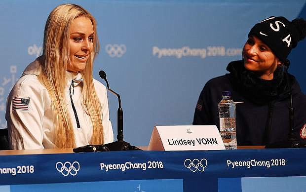 Lindsey Vonn tears up while talking about her grandfather Don Kildow, who recently passed away, on Friday, Feb. 9, at the Main Press Center for the Winter Olympics in Pyeongchang, South Korea
