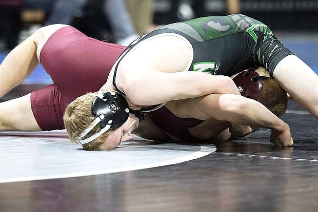 Fallon senior Mason Smith tries to advance in the 3A state tournament at the Orleans Arena on Friday.