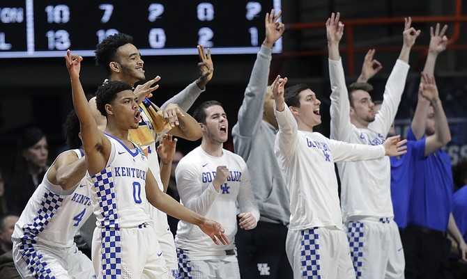 Players on the Kentucky bench react during the second half of a second-round game against Buffalo in the NCAA men&#039;s college basketball tournament Saturday, March 17, 2018, in Boise, Idaho. Kentucky won 95-75. (AP Photo/Ted S. Warren)