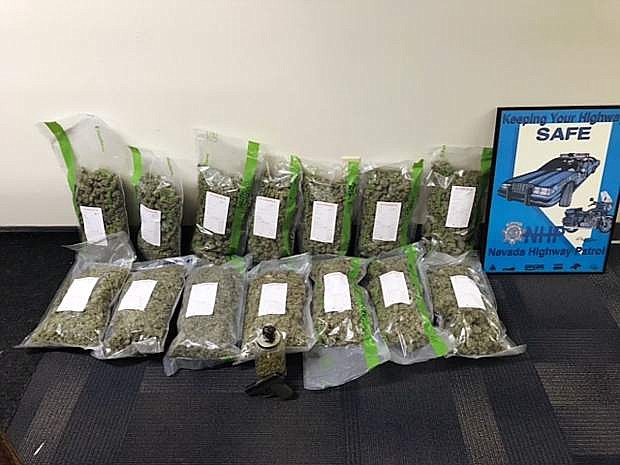 Nevada Highway Patrol troopers found 14 pounds of marijuana during a traffic stop in the Fallon area on March 14.