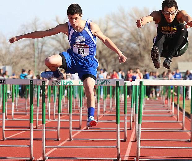 Carson High &#039;s Quintyn Madsen competes in the 110-meter hurdles preliminary round during Saturday&#039;s Elks Invitational in Fallon.