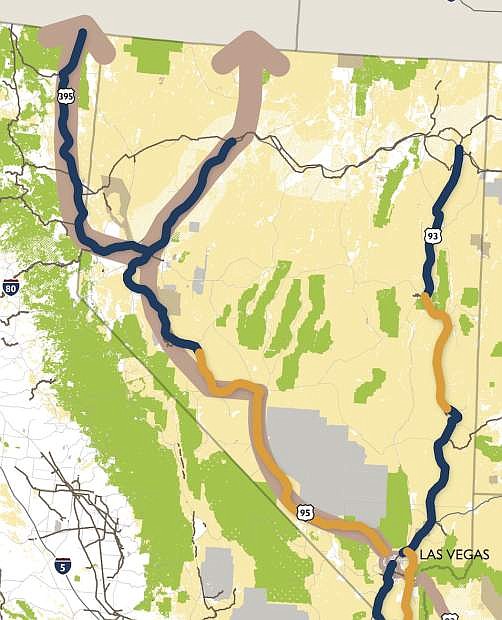 A map of the potential Interstate 11 route through Nevada.