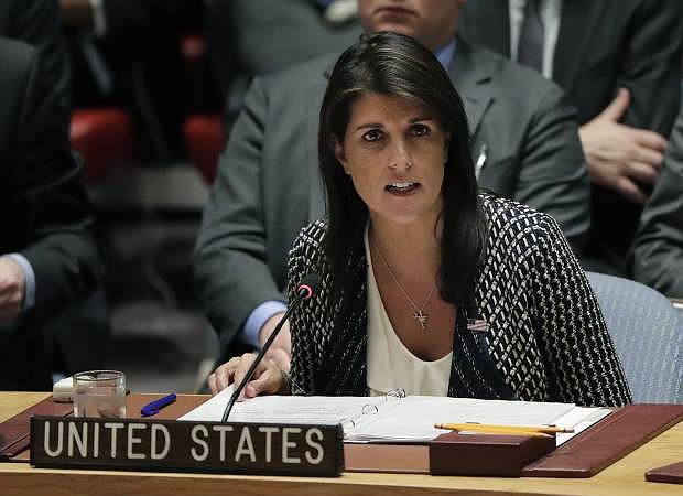 Nikki Haley, U.S. ambassador to the United Nations, speaks during a Security Council meeting on Friday at United Nations headquarters.