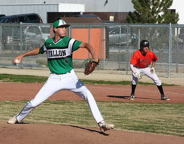 Hayden Strasdin delivers a pitch against Fernley in Tuesday&#039;s game.