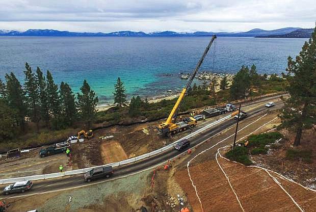 An overview (taken by drone) of the work on State Route 28 at Incline Village.