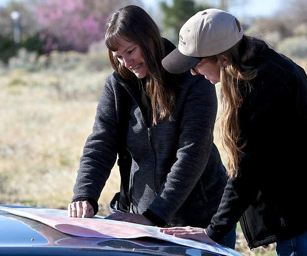 Open Space Administrator Anne Bolinger and Senior Natural Resource Administrator Lyndsey Boyer look over a map where the sheep are grazing Friday morning.