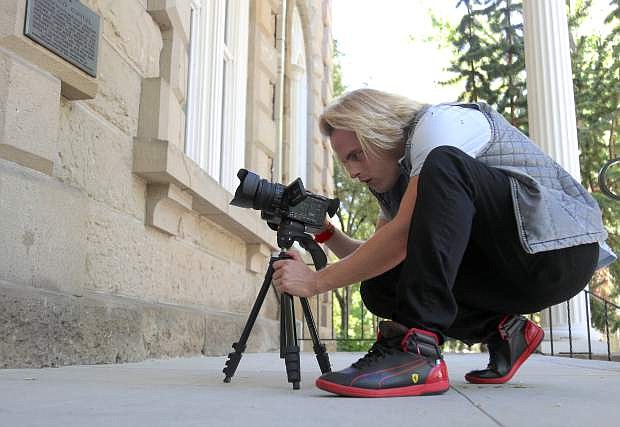 Modern VideoArt artist Cory Drouillard films from the steps of the Capitol on Tuesday for his project to recognize the history of Kit Carson and his fourth great uncle George Drouillard, who helped guide, interpret and scout on the Lewis and Clark 1802 expedition.