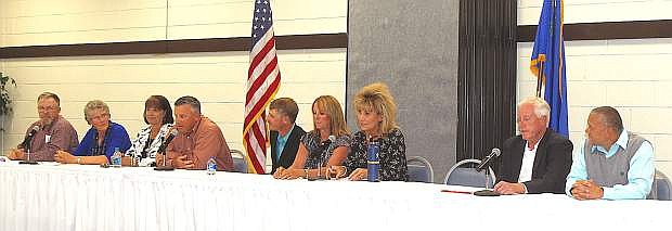 School board candidates who participated in Candidates Night are, from left, Fred Buckmaster, Carmen Schank, Deby Smotherman, Matt Hyde, Bobby Parmenter, Patty Julian, Amber Getto, Tedd McDonald and Richard Wiersma Jr. Not attending were Clay Hendrix, Jay Ligenfelter and Dante Martel.