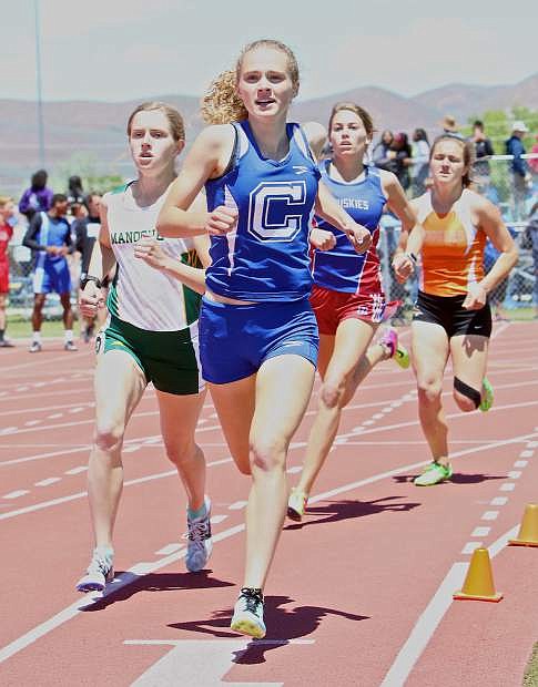Abby Pradere on her way to winning the 4A girls 800-meter event last year at the NIAA Regional Championships. Pradere also won the 1600-meter run.