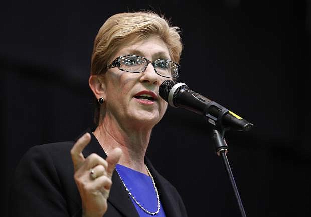 Clark County Commission member Chris Giunchigliani speaks during a forum for Nevada gubernatorial candidates organized by Nevada faith groups, Tuesday, May 8, 2018, in Las Vegas. (AP Photo/John Locher)
