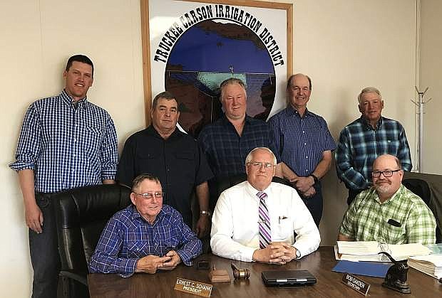 The incoming Truckee Carson Irrigation District Board of Directors consists of directors Abraham Schank, Joe Gomes, Wade Workman, Eric Olsen and Lester de Braga. Front row, from left, director Bob Oakden, TCID District Manager and General Counsel Rusty Jardine and director David Stix Jr.