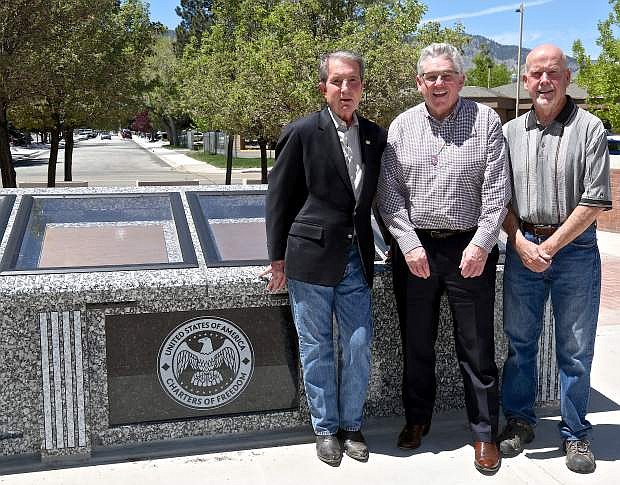 (L-R) Mayor Bob Crowell, Ken Brown and Chuck Slavin recently pose for a photo at the new Charters of Freedom Monument at the Carson City Courthouse.