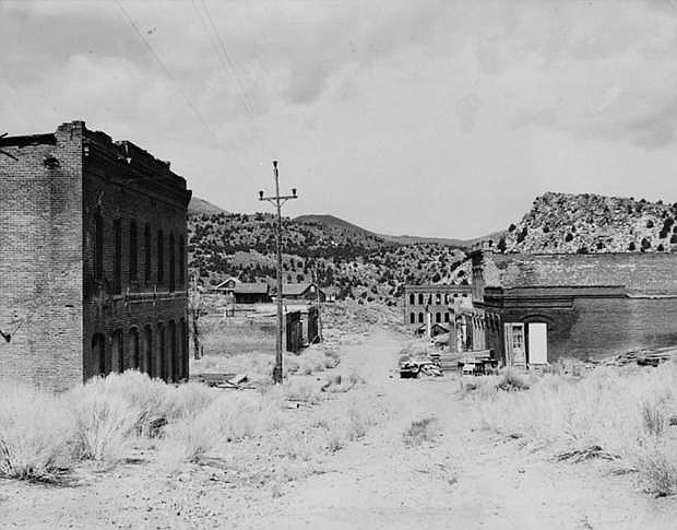 View of the remains of the mining town of Aurora in 1934, before nearly all of its buildings were sold off and salvaged. Today, only a handful of foundations and other ruins remain.