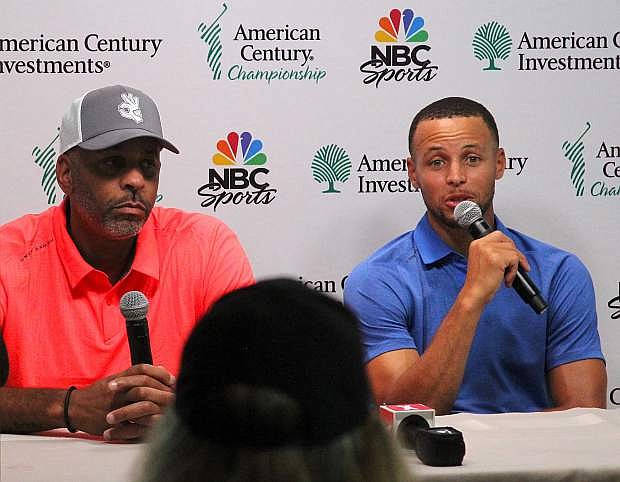 Dell (left) and Steph Curry talk about the American Century Championship celebrity golf tournament Thursday during a press conference.