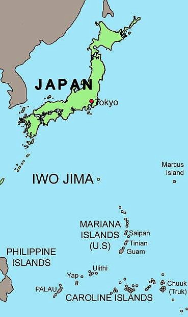This map shows the key islands that the U.S. military invaded during the last year of World War II. Marine Bayne Stevens of Gardnerville belonged to the 4th Marine Division that stormed ashore Tinian, Iwo Jima and Saipan.