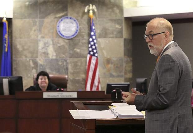 Attorney Todd Bice, representing drug manufacturer, Alvogen, appears before judge Elizabeth Gonzalez the court at the Regional Justice Center during a hearing on Wednesday, July 11, 2018, in Las Vegas. Alvogen filed suit in an effort to stop Nevada using their drugs in the execution of death row inmate Scott Dozier. (Bizuayehu Tesfaye/Las Vegas Review-Journal via AP)