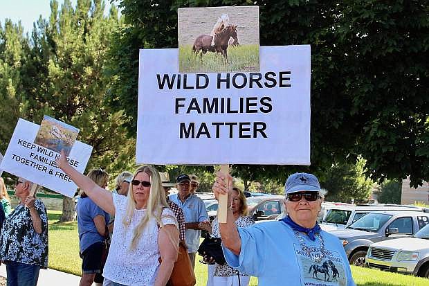 Bonita Young protests the Bureau of Land Management&#039;s plan to round up wild horses outside of Gardnerville alongside other members of the Pine Nut Wild Horse Advocates and the American Wild Horse Campaign.