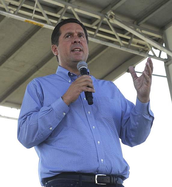U.S. Rep. Devin Nunes speaks during the 4th annual Basque Fry at the Corley Ranch in Gardnerville, Nev. on Saturday, Aug. 25, 2018. (Jason Bean/The Reno Gazette-Journal via AP)