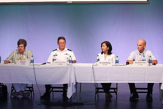 A community panel included, from left, CCSD Superintendent Dr. Summer Stephens, Brig. Gen. Michael Hanifan, Dr. Lana Narag and Sheriff Ben Trotter.