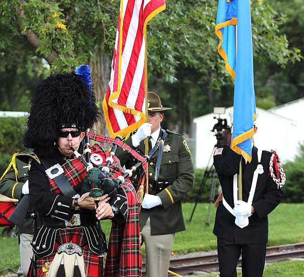 Bagpiper Robert Bledsaw leads a combined honor guard of both the Carson City Sheriff and Fire departments.