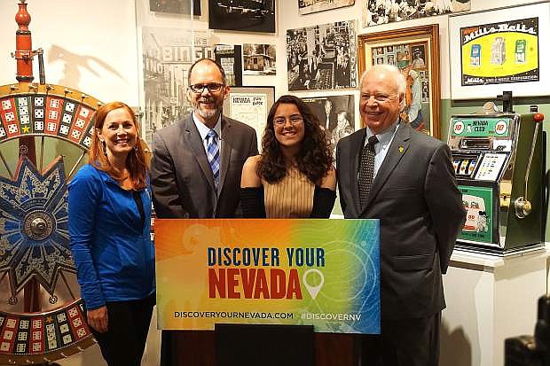 Nadia Hill, center, is recognized as the 2018 Discover Your Nevada essay contest winner on Thursday at the Nevada Historical Society. Pictured from left are Bethany Drysdale (TravelNevada), Steve Canavero (Nevada Department of Education), Hill, and Peter Barton (Nevada Division of Museums and History).