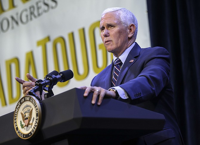 Vice President Mike Pence speaks in support of Cresent Hardy, Republican candidate for the 4th Congressional District, during a campaign event at the Sands Showroom in The Venetian in Las Vegas on Saturday, Oct. 27, 2018. (Chase Stevens/Las Vegas Review-Journal via AP) 