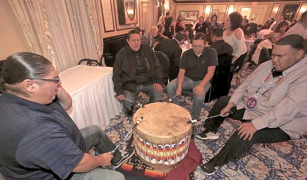 The Red Hoop drum circle performs Saturday night at the 2017 American Indan Achievement Awards in Carson City.