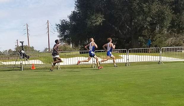 Zach Sever, left, and Hunter Rauh on their way to finishing at Stanford on Saturday.