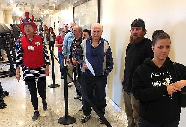 Voters wait in line earlier Tuesday to vote during the general election.