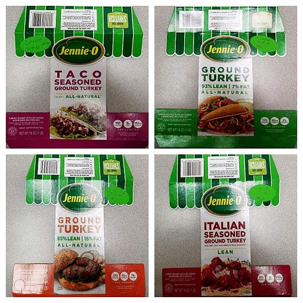 This combination of images provided by Hormel on Friday shows packaging for four types of Jennie-O ground raw turkey with a P190 designation which have been recalled due to concerns over salmonella. Salmonella in food is estimated to be responsible for 1 million illnesses a year, with symptoms including vomiting, diarrhea and stomach cramps.