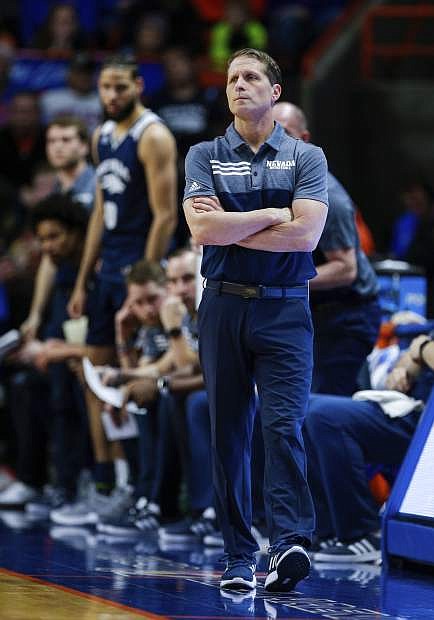 Nevada head coach Eric Musselman walks the sideline during the first half Tuesday against Boise State.
