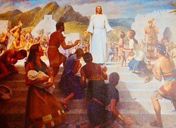 Jesus resuming his ministry in Central America painting from the Book of Mormon.