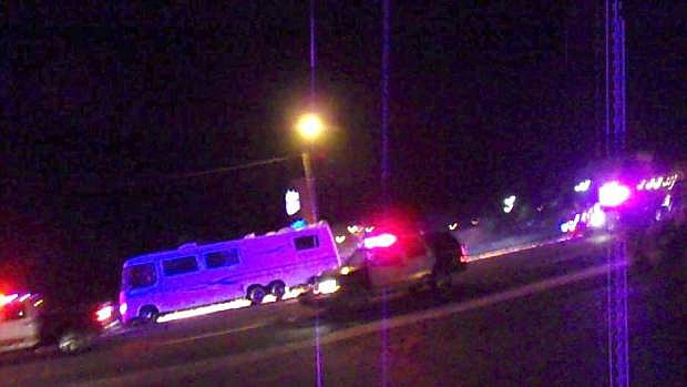 A motorhome appears to ride on a shower of sparks as deputies chase it through Minden late Sunday night.
