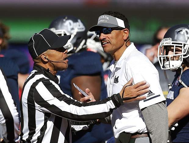 Nevada coach Jay Norvell in the first half of Saturday&#039;s Arizona Bowl against Arkansas State in Tucson, Ariz.