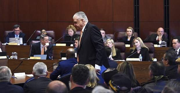 Nevada Gov. Steve Sisolak prepares to testify during a hearing for Senate Bill 143 at the Nevada Legislature Building in Carson City on Tuesday.