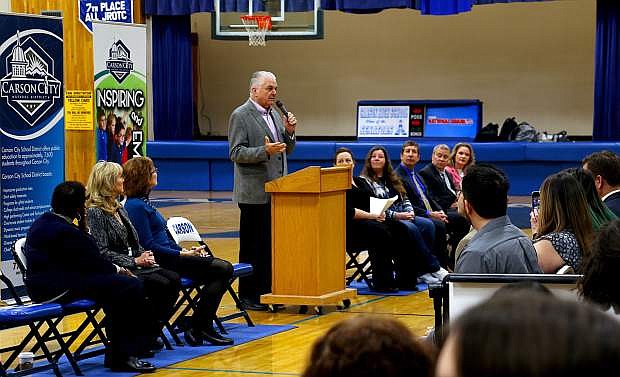 Gov. Steve Sisolak, center, speaks to Carson High School staff and students Thursday before presenting a proclamation recognizing February as national Career and Technical Education Month and speaking on the benefits of work-based learning opportunities to the community.