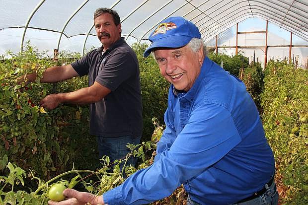 Albert Mulder, state agronomist, accompanies Rick Lattin of Lattin Farms as Lattin shows off tomatoes in a greenhouse.