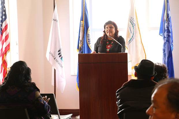 Yerington Paiute Tribe Chairman Laurie Thom shares details of the bill draft request for the Nevada Tribal Consultation Act she and Assemblywoman Sarah Peters are writing with other tribal members at the Feb. 12 Nevada Tribes Legislative Day.