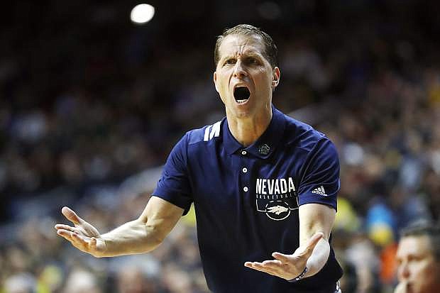 Nevada head coach Eric Musselman questions a call against his team during a first round men&#039;s college basketball game against Florida in the NCAA Tournament, Thursday, March 21, 2019, in Des Moines, Iowa. (AP Photo/Charlie Neibergall)