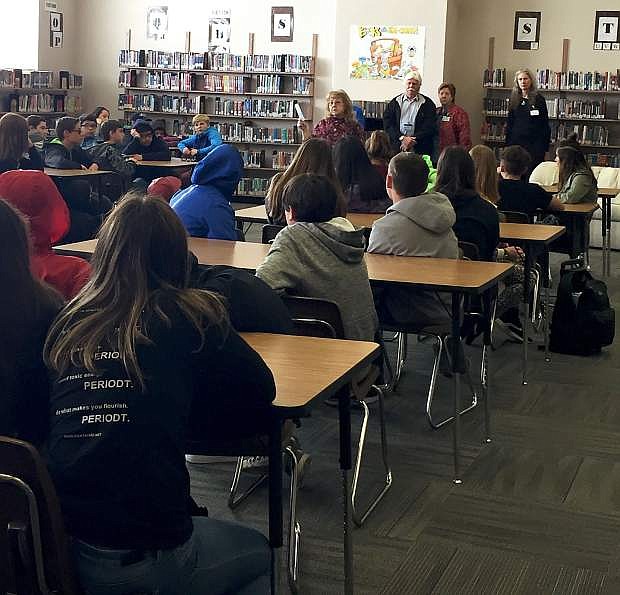 On April 2, representatives of the Churchill County Democratic Central Committee donated 250 pocket Constitutions to the 8th grade U.S. history students at Churchill County Middle School.