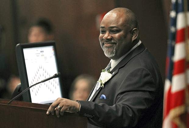 FILE - In this Feb. 6, 2017 file photo, Nevada Speaker of the Assembly Jason Frierson opens the legislative session in Carson City, Nev. Lawyers assigned to defend Alonso Perez, who is facing a death penalty trial in Las Vegas, are challenging Nevada&#039;s capital punishment law using an unusual argument. They blame the two most powerful Democrats in the state Senate and Assembly for killing discussion about two measures that aimed to repeal the death penalty as out-of-touch with today&#039;s voters and too expensive to continue. (AP Photo/Lance Iversen, File)