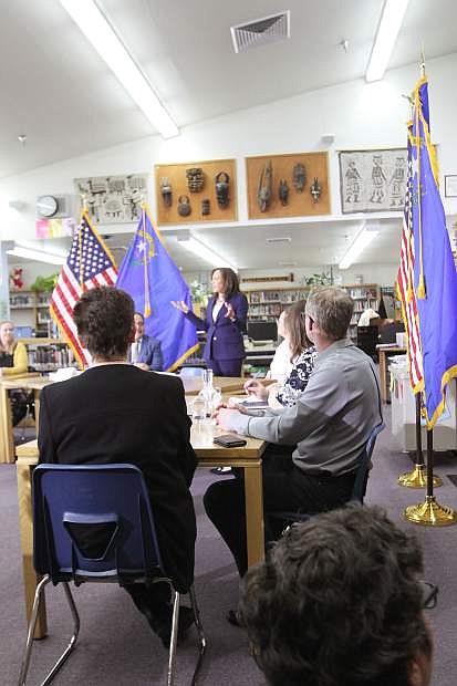 U.S. Senator Kamala Harris addresses about two dozen teachers at Eagle Valley Middle School on Tuesday.