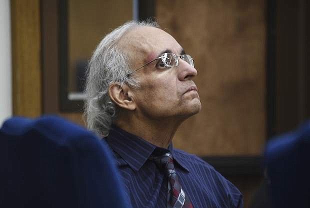 Tracy Petrocelli, who has been on death row in Nevada for 34 years, appears in Washoe County District Court in Reno during a hearing to challenge his death sentence, Friday, May 10, 2019. Petrocelli was convicted in the 1982 killing of a Reno car salesman, months after killing his girlfriend in Seattle. (Jason Bean/The Reno Gazette-Journal via AP)