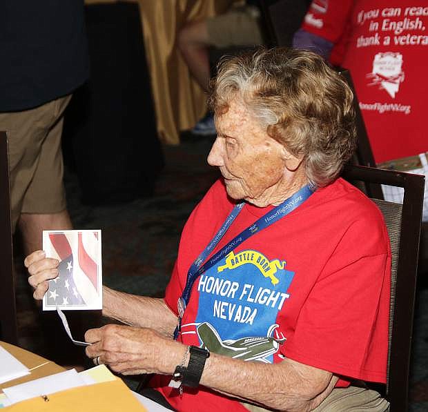 During mail call, Jean Warner of Fallon looks at a card thanking her for her service.
