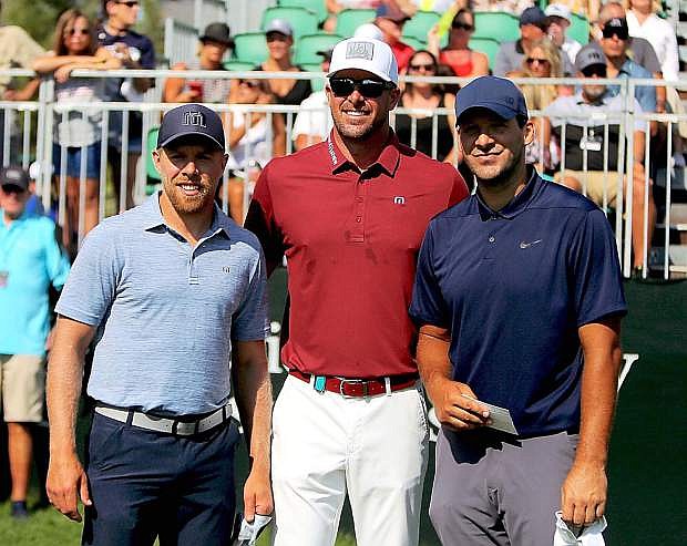 From left, Joe Pavelski, Mark Mulder and Tony Romo on the first tee during the final round of the 2018 American Century Championship.