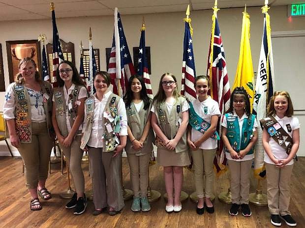 Girl Scout troops 317, 164, 105, 35 and 180, left to right, Gilly Mandel, Gold Star recipient, Emma Spears, Neva Mellow, Eva Lindbloom, Emily Houle, Vivi Mellow, Alivia Lindbloom and Renee Bellow.