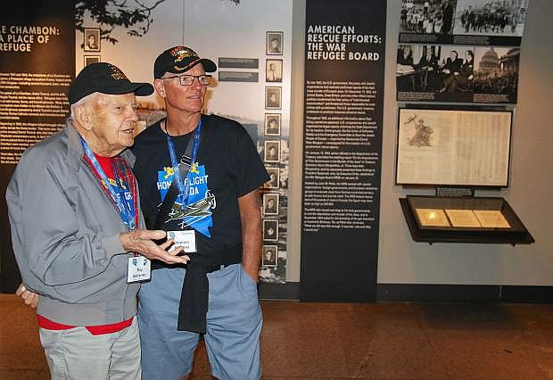 Ray Stefanko, left, a WWII veteran who served in the Marine Corps, visits the U.S. Holocaust Museum with his nephew, Stephen Stefanko of Napa, California.